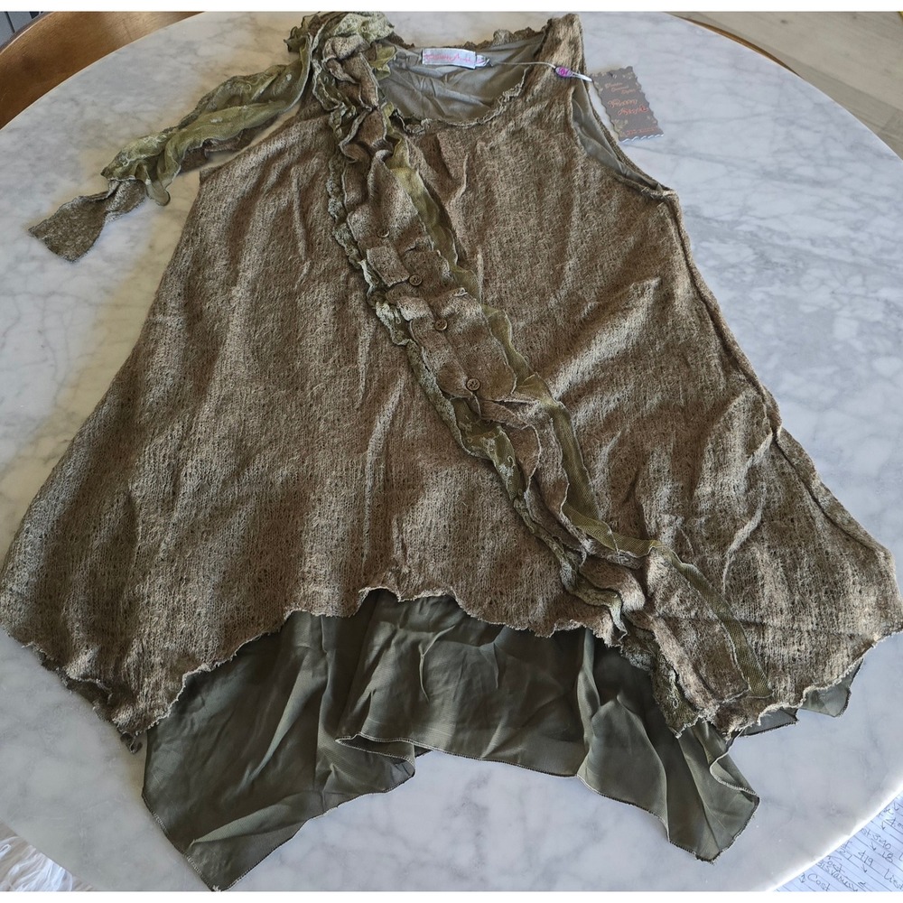 Pretty Angel Olive Green Linen Blend Ruffle Tunic Top AN-TS-62361 XL NEW